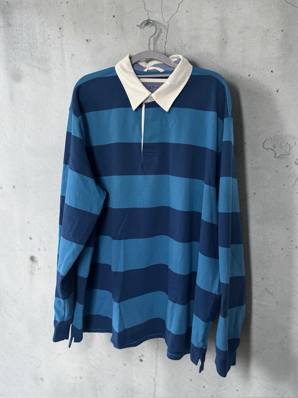 LL Bean Traditional Fit Navy Blue Striped Long Sleeve Rugby Polo Shirt Men 2XL